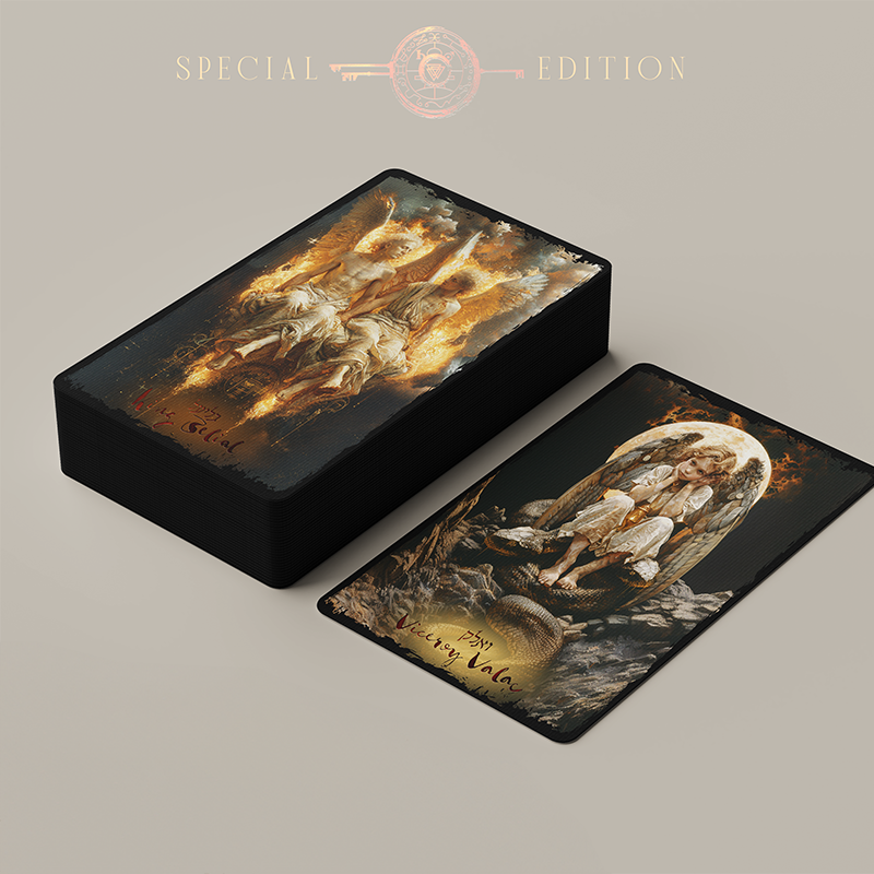 Decorative box and card with artistic design on a beige background