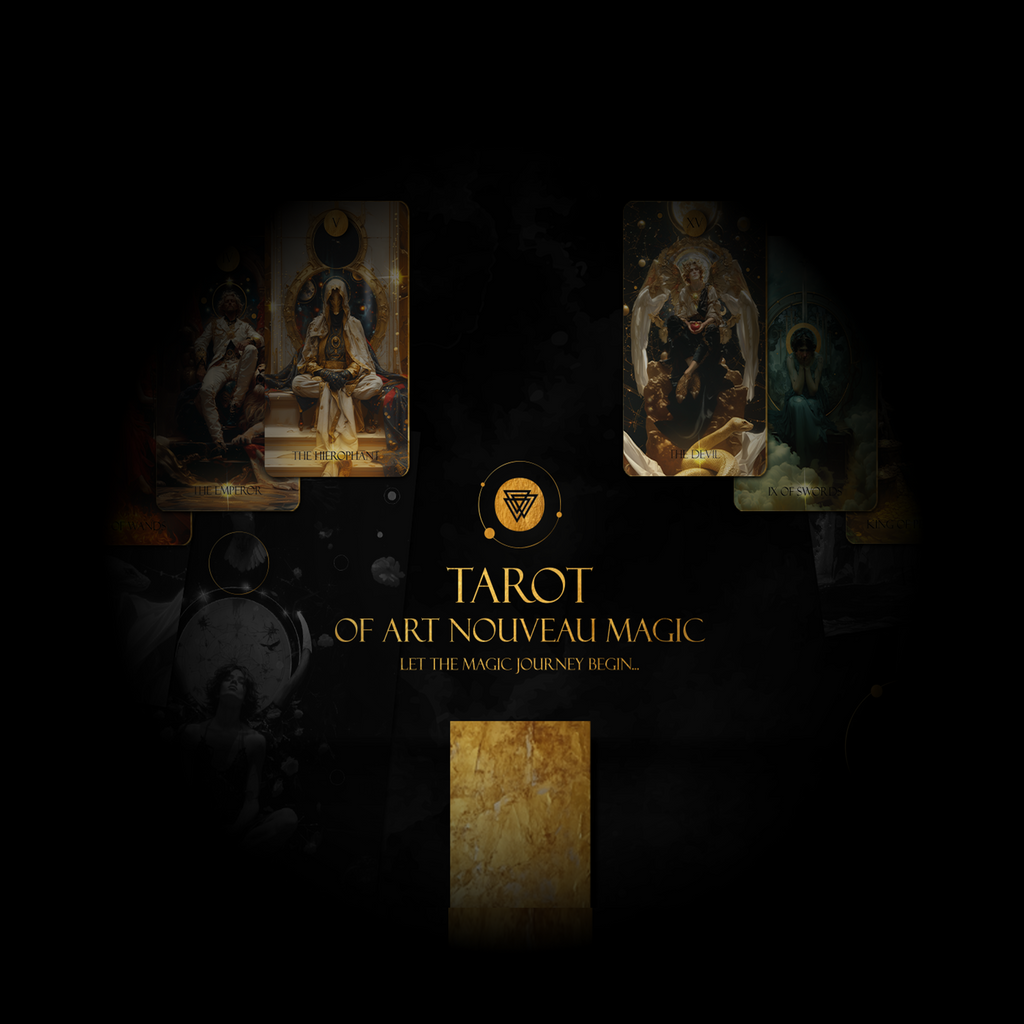 Art Nouveau tarot cards with a dark background and brand logo.