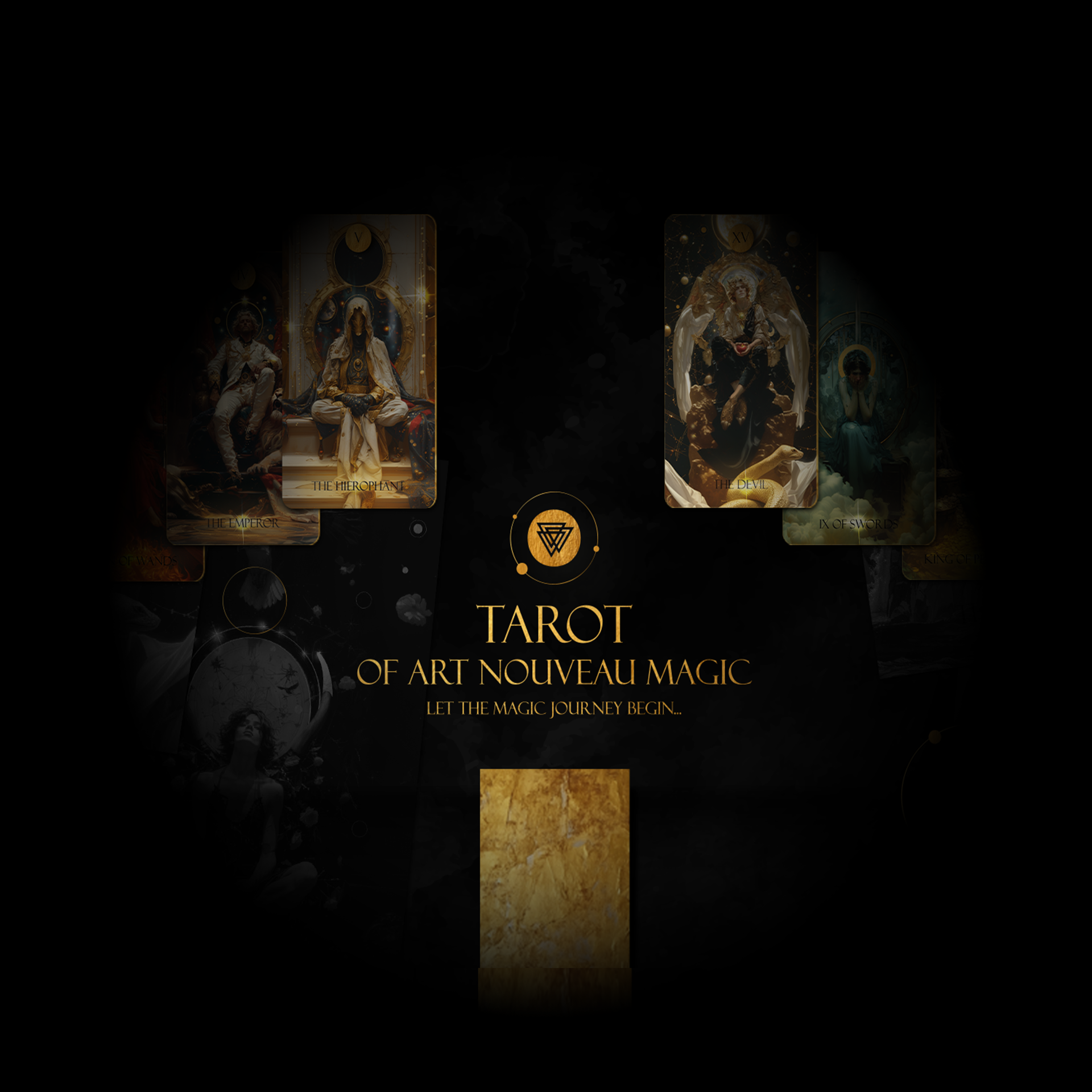 Art Nouveau tarot cards with a dark background and brand logo.