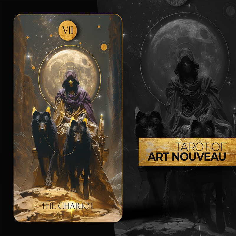 Tarot card from 'Tarot of Art Nouveau' with a figure and two black bears in front of a moonlit background.