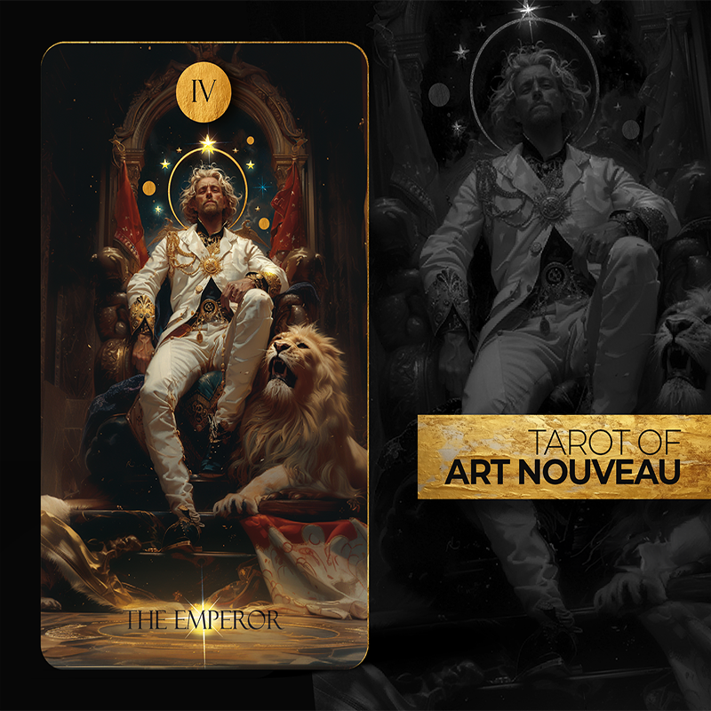Tarot card titled 'The Emperor' from Tarot of Art Nouveau with a dark background.