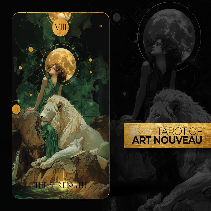Tarot card from 'Tarot of Art Nouveau' with a woman and lion under a moonlit sky.