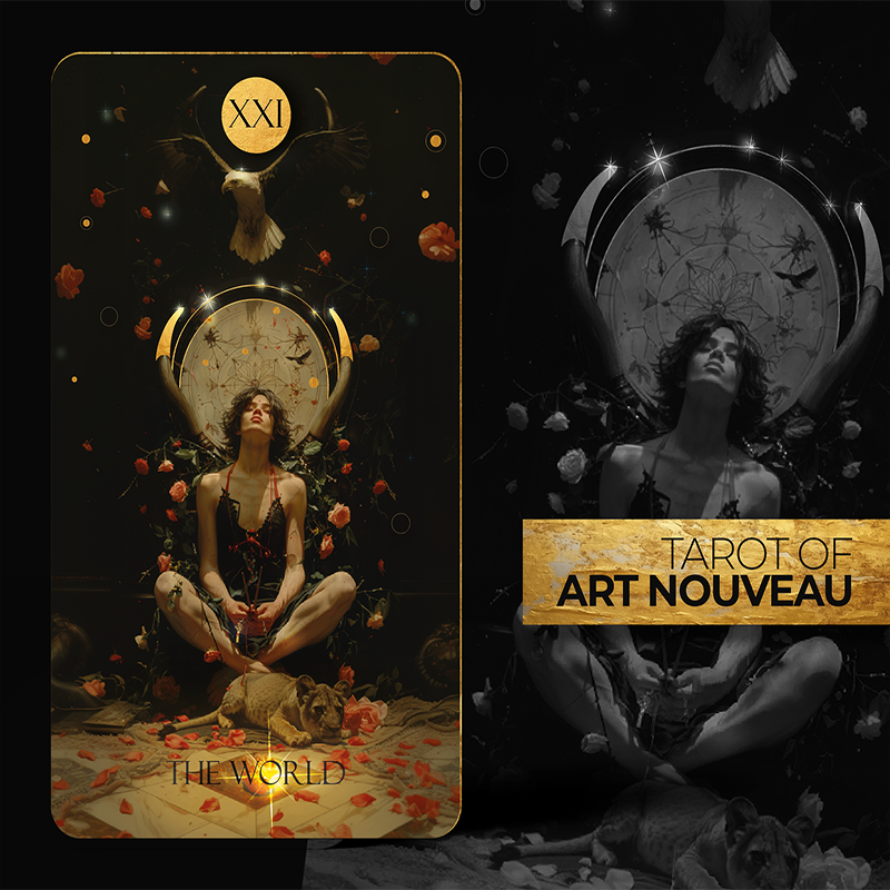 Tarot card from 'Tarot of Art Nouveau' with a woman sitting in a meditative pose surrounded by nature elements.