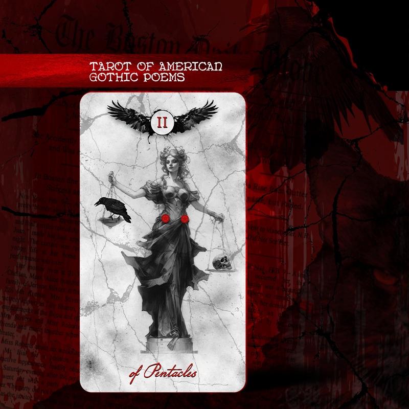 Card from 'Tarot of American Gothic Poems' with a woman and crows on a red background