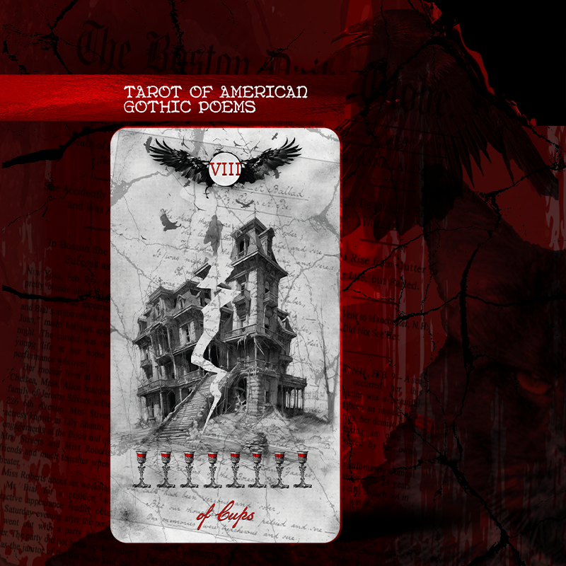 Tarot card with a gothic design featuring an old house and a figure, on a red background.
