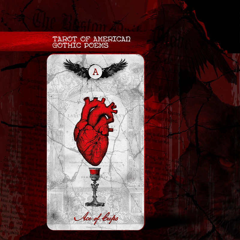 Card from 'Tarot of American Gothic Poems' with a red heart design on a dark background