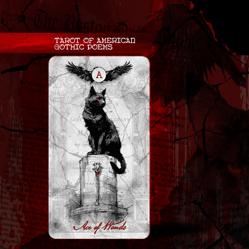 Card from 'Tarot of American Gothic Poems' with a black cat and eagle illustration on a red background.