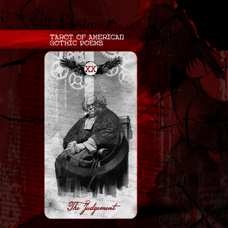 Tarot card titled 'The Judgment' from 'Tarot of American Gothic Poems' with a black and white illustration on a red background.