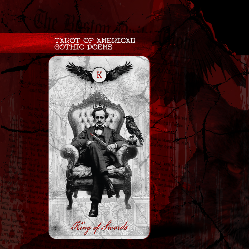 Card featuring a person in a chair with an eagle and text on a red and black background